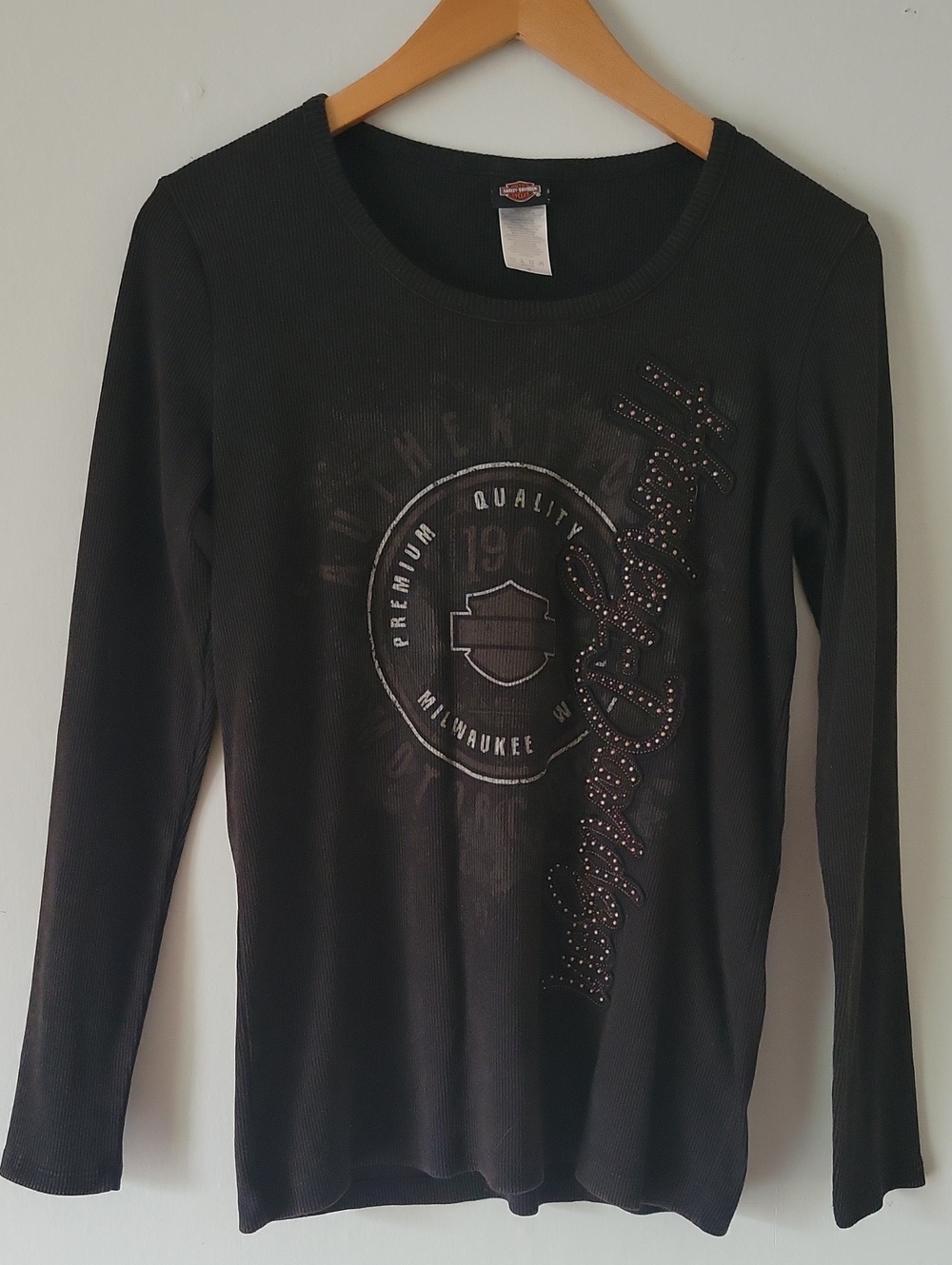 Harley-Davidson Black Long Sleeve Ribbed Graphic Top with Stud Accents